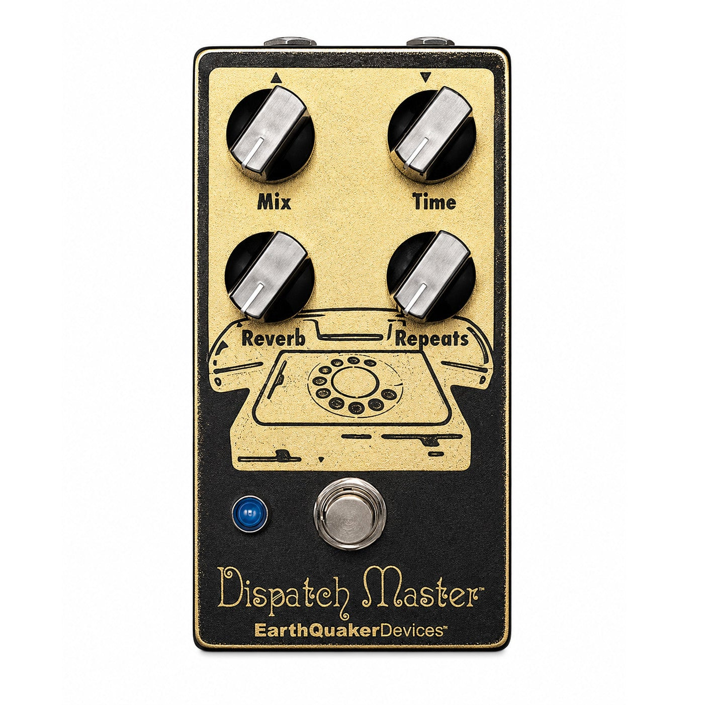 EarthQuaker Devices Dispatch Master guitar effects pedal with four black and silver rotary knobs labeled Mix, Time, Reverb, and Repeats, plus a silver footswitch on a black and gold faceplate.