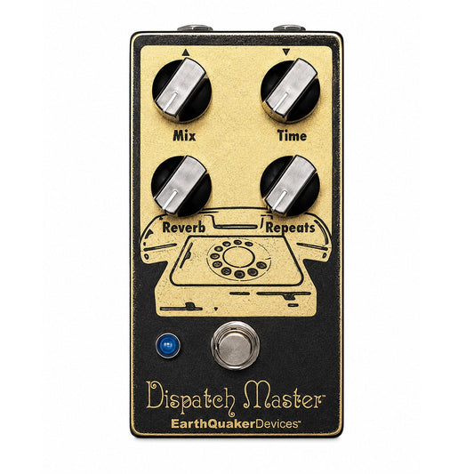 EarthQuaker Devices Dispatch Master guitar effects pedal with four black and silver rotary knobs labeled Mix, Time, Reverb, and Repeats, plus a silver footswitch on a black and gold faceplate.