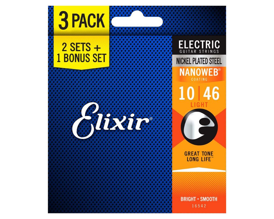 Elixir 16542 10-46 Nanoweb Electric Guitar Strings 3 Sets for the Price of 2