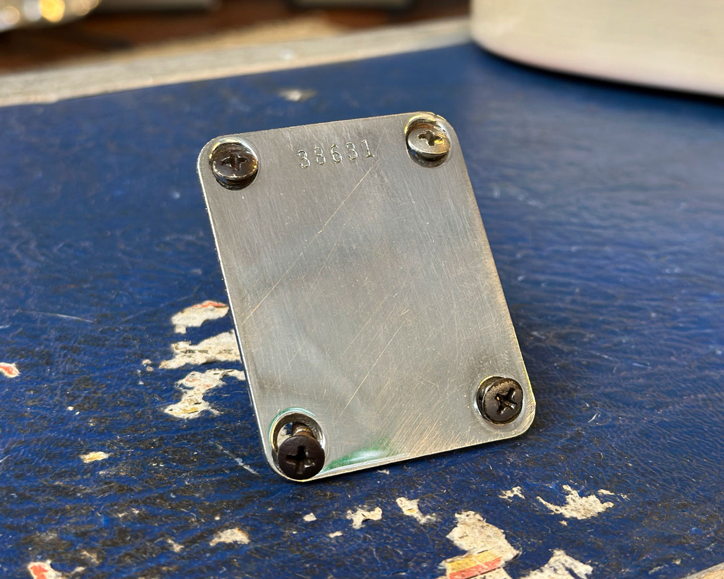 Original 1959 Fender Neckplate for Stratocaster, Telecaster, Jazzmaster, Precision Bass, Mustang w/ Full Thread Mounting Screws - Serial #38631