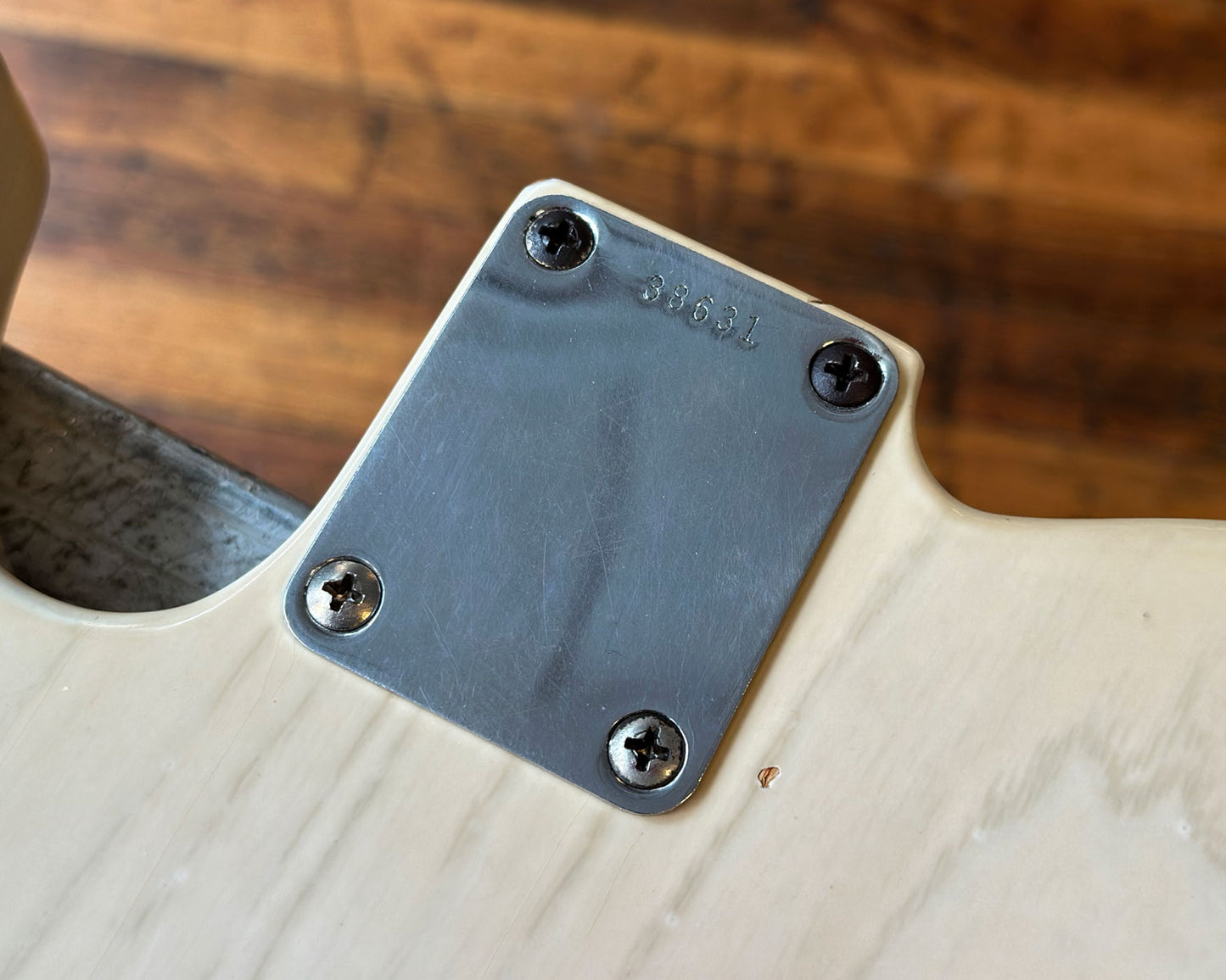 Original 1959 Fender Neckplate for Stratocaster, Telecaster, Jazzmaster, Precision Bass, Mustang w/ Full Thread Mounting Screws - Serial #38631