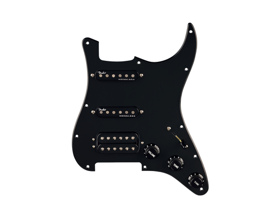 Fender Pre-Wired Strat Pickguard Quadra Tap/Ultra Noiseless HSS 11 Hole PG - Black