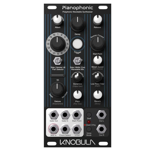 Knobula Pianophonic Polyphonic Waveform Synthesizer module, featuring a black faceplate with blue vertical stripes, black rotary knobs, white text labels, and a silver metal input/output section at the bottom.