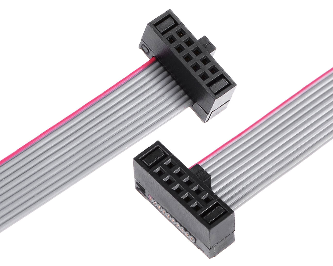 Two black connector ends with a pink and gray cable on a white background