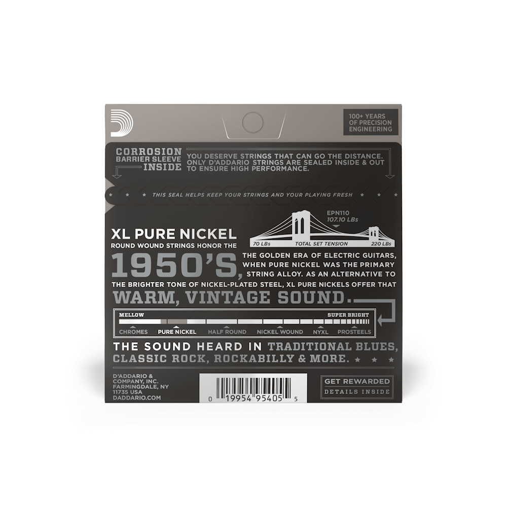 D'Addario EPN110 Pure Nickel Electric Guitar Strings, Regular Light, 10-45