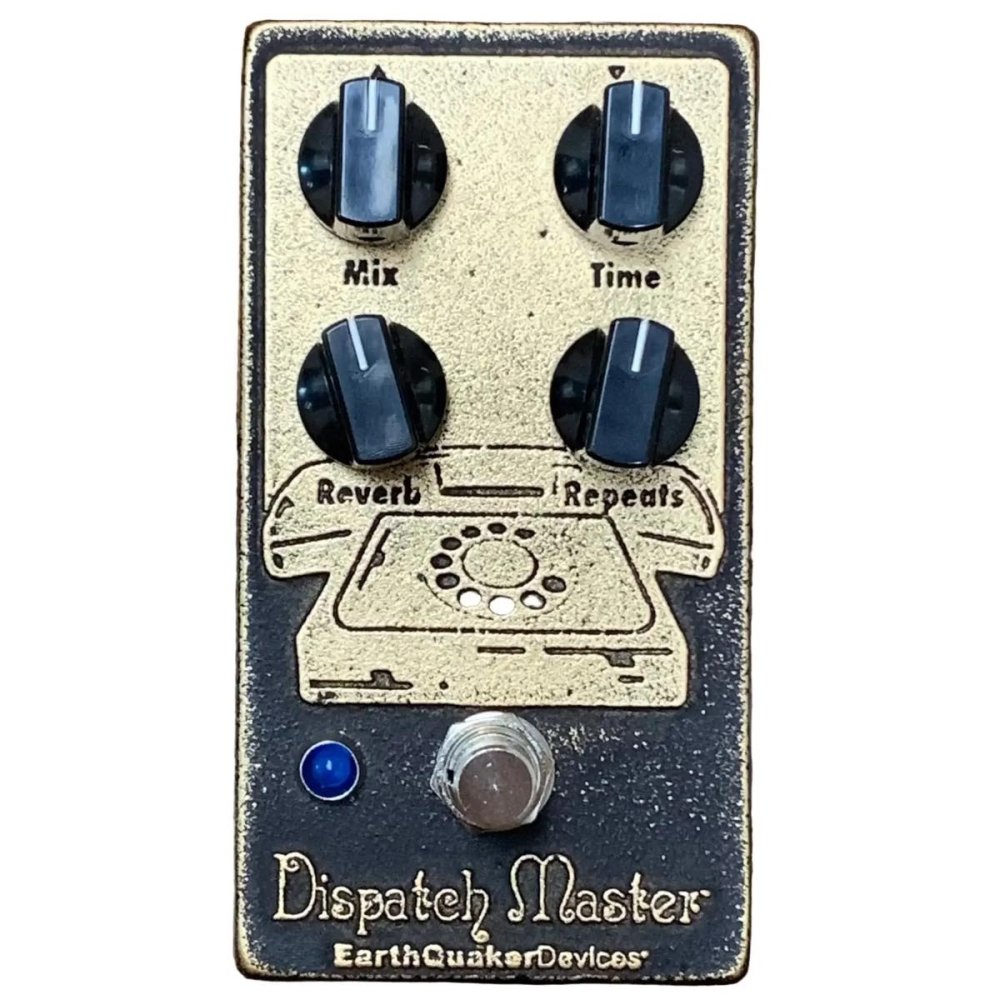 Earth Quaker Devices Dispatch Master reverb and repeat effects pedal with a distressed vintage design, featuring four black control knobs, a rotary phone graphic, and a silver footswitch on a dark background.