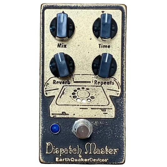 Earth Quaker Devices Dispatch Master reverb and repeat effects pedal with a distressed vintage design, featuring four black control knobs, a rotary phone graphic, and a silver footswitch on a dark background.