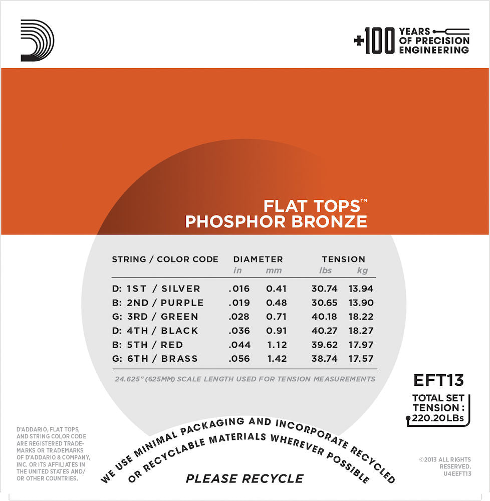 D'Addario EFT13 Flat Tops Phosphor Bronze Acoustic Medium Resophonic Guitar Strings 16-56