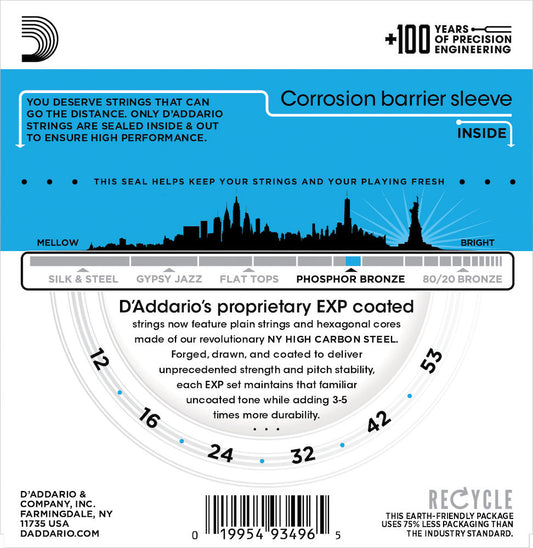 D'Addario EXP16 Coated Phosphor Bronze Acoustic Guitar Strings Light 12-53