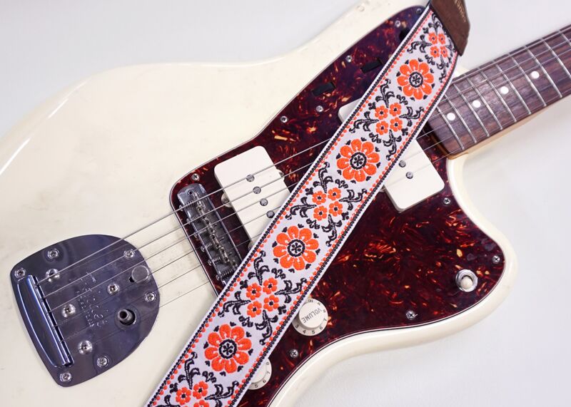 Couch Straps Cork and Orange Flowers Hippie Weave Guitar Strap