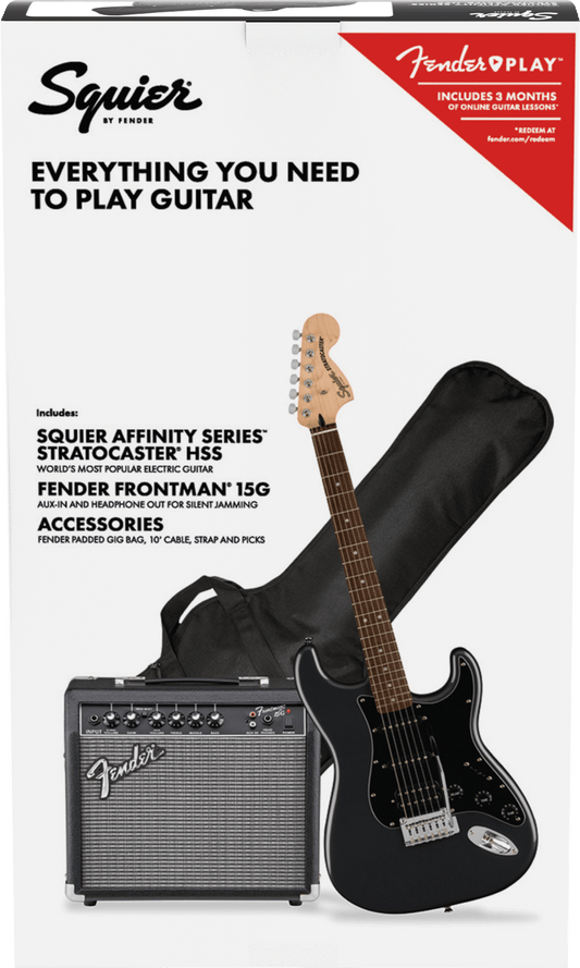 Fender Squier Affinity Series Stratocaster HSS Pack - Charcoal Frost Metallic with Frontman 15G