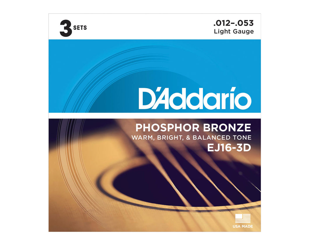 D'Addario EJ16-3D Phosphor Bronze Acoustic Guitar Strings (3 Pack)