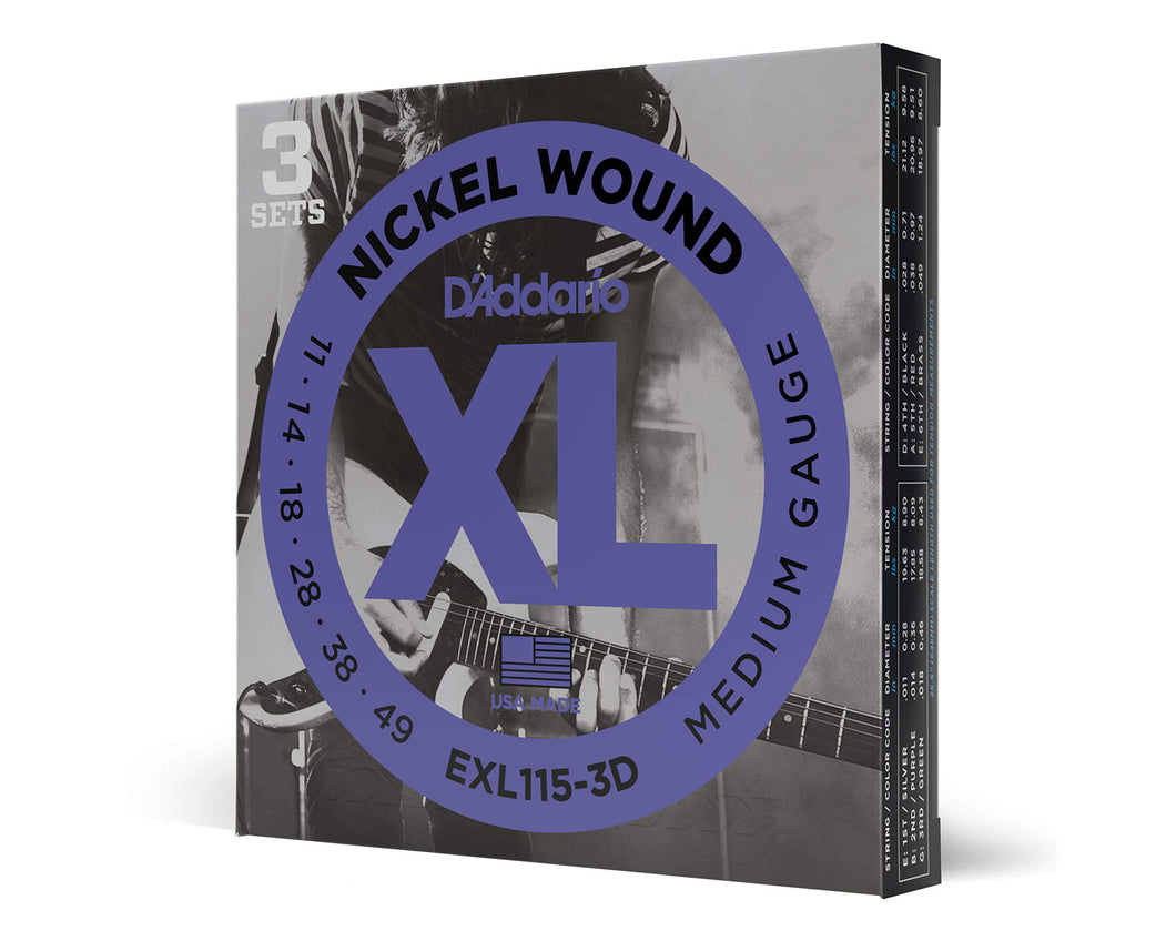 D'Addario EXL115-3D Nickel Electric Guitar Strings (3 Pack)