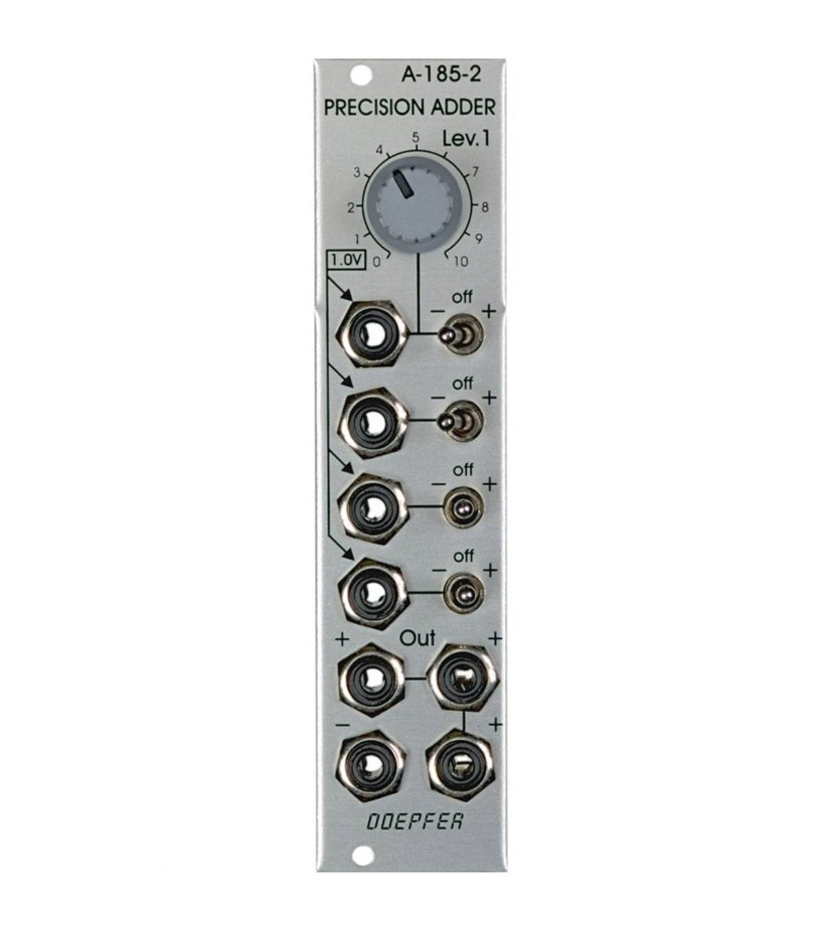 A Doepfer A-185-2 Precision Adder/Bus Access module for Eurorack systems, featuring silver color, multiple knobs, and inputs/outputs.