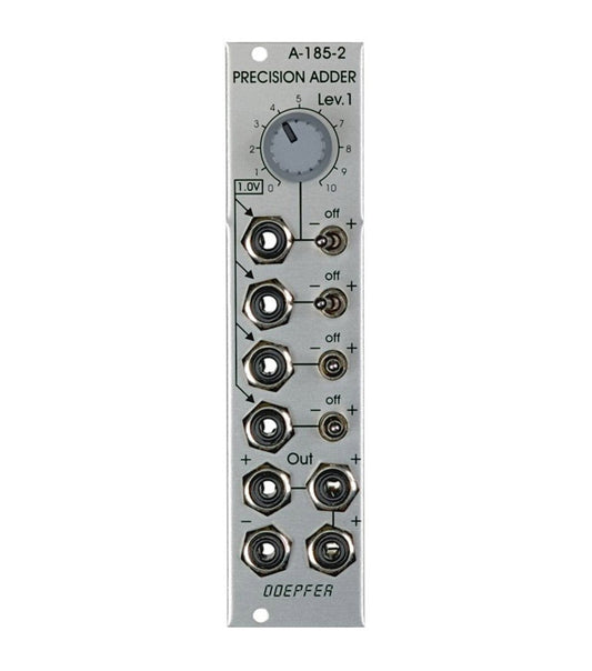 A Doepfer A-185-2 Precision Adder/Bus Access module for Eurorack systems, featuring silver color, multiple knobs, and inputs/outputs.