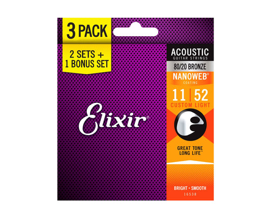 Elixir 16538 Nanoweb 80/20 Custom Light Acoustic Guitar Strings 11-52  (3 Pack)