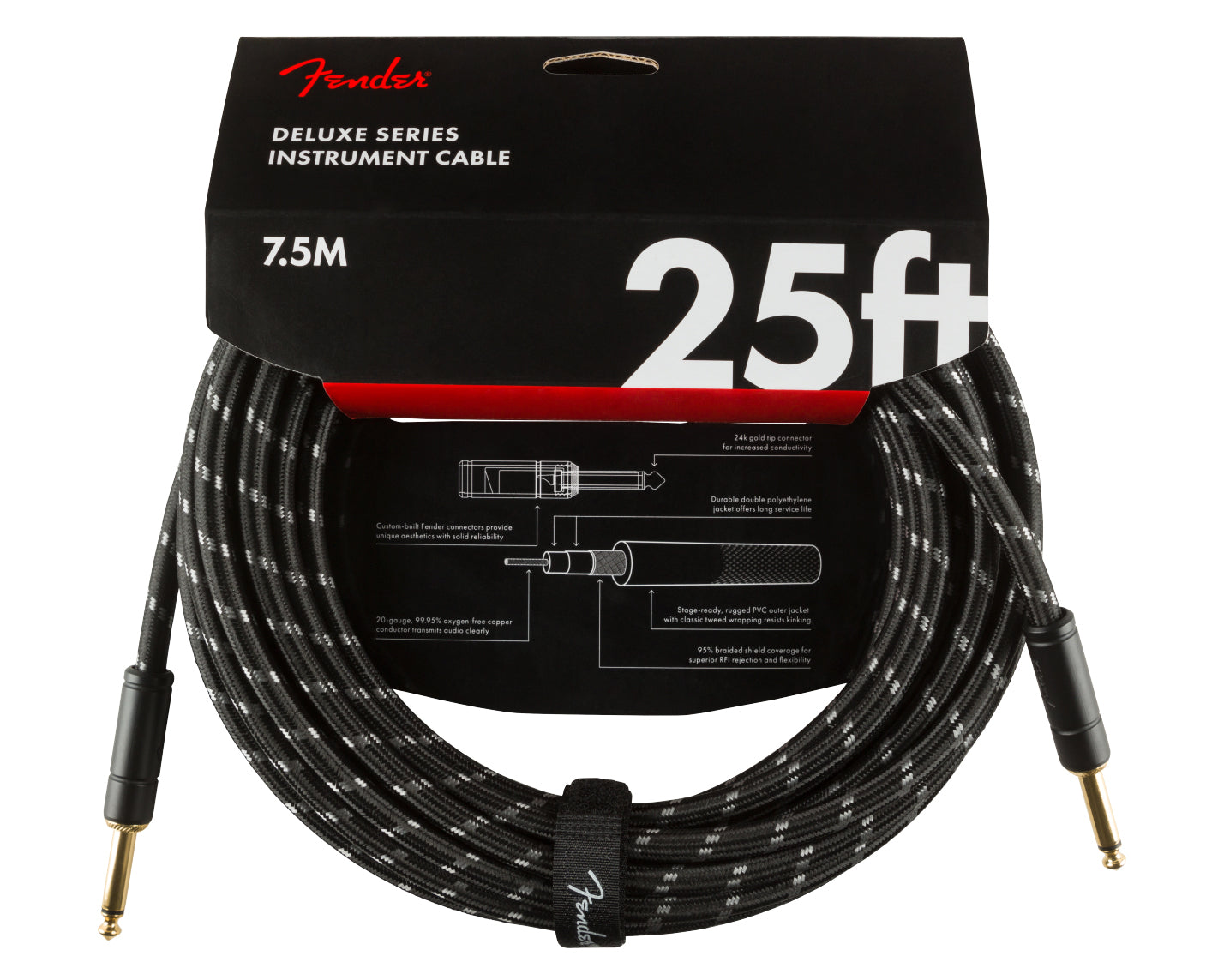 Fender Deluxe Series 25' Instrument Cable Black Tweed