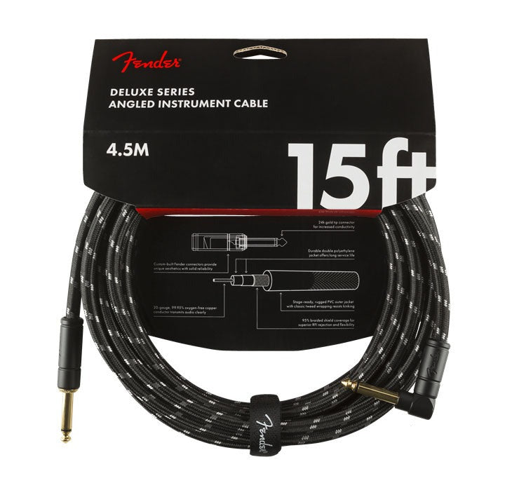 Fender Deluxe Series 15' Angled Instrument Cable Black Tweed