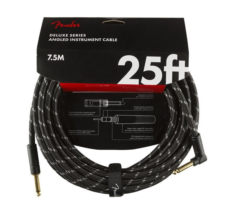 Fender Deluxe Series 25' Angled Instrument Cable Black Tweed