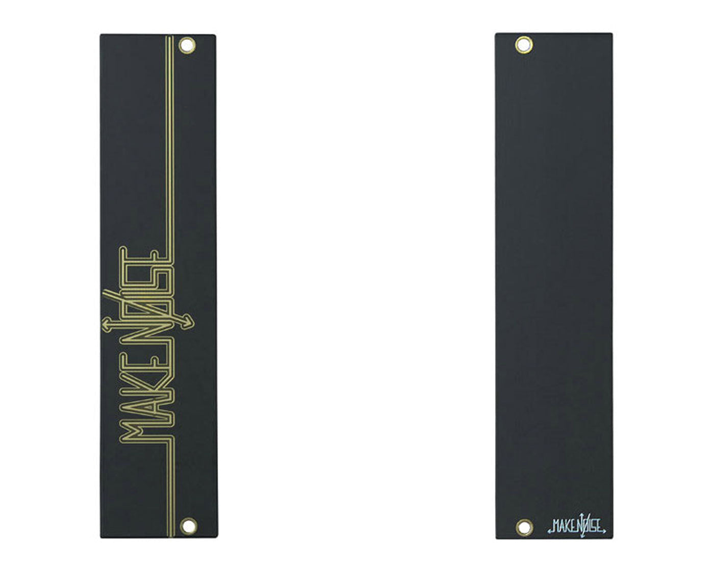 A black 6HP blank panel with the 'Make Noise' logo in yellow. It is shown from two angles, one displaying the front with the logo and the other showing the back with screw holes.