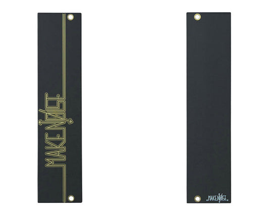 A black 6HP blank panel with the 'Make Noise' logo in yellow. It is shown from two angles, one displaying the front with the logo and the other showing the back with screw holes.