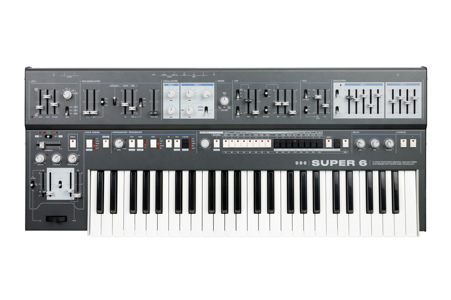 UDO Super 6 12 Voice Polyphonic Stereo-Analogue Hybrid Synthesizer - Grey