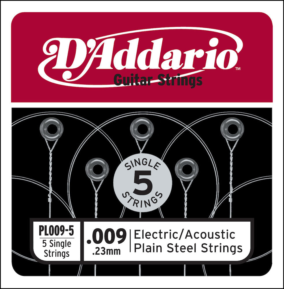D'Addario PL009-5 Plain Steel Guitar Single String .009, 5-pack