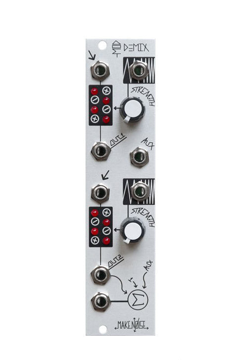 A silver Eurorack synthesizer Module labelled 'Make Noise ModDemix' with knobs, switches, and audio jacks.